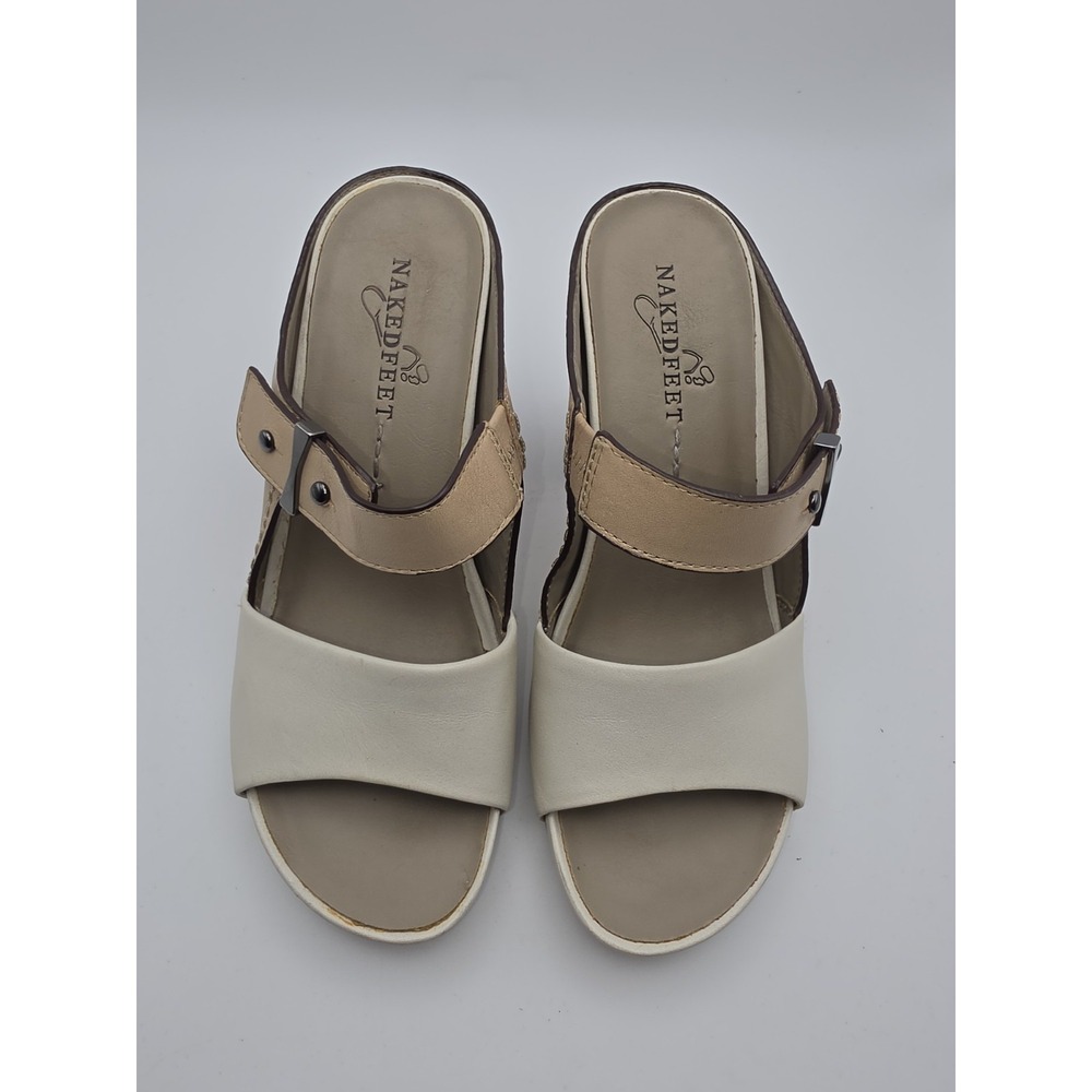 Naked Feet Tyngg Two-Tone Cream Tan Peep Toe Mule Heel Size 6.5